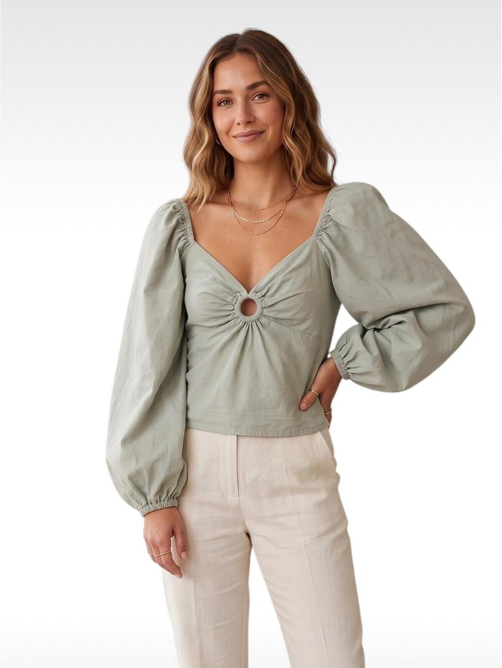 Sim & Sam Anthropologie Sage Green Puff Sleeve Keyhole Boho Top Size Medium